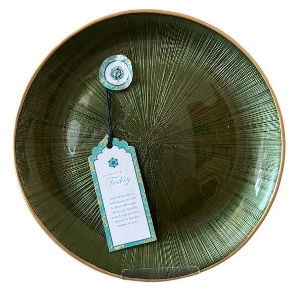 Gorgeous Green & Gold Turkish Glass Appetizer Dessert Plates 8in Set of 4 New - Picture 5 of 15